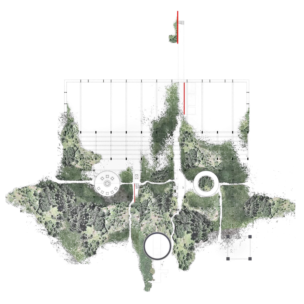 Drawn plan of a green landscape with three gathering places marked: nature, culture and creativity